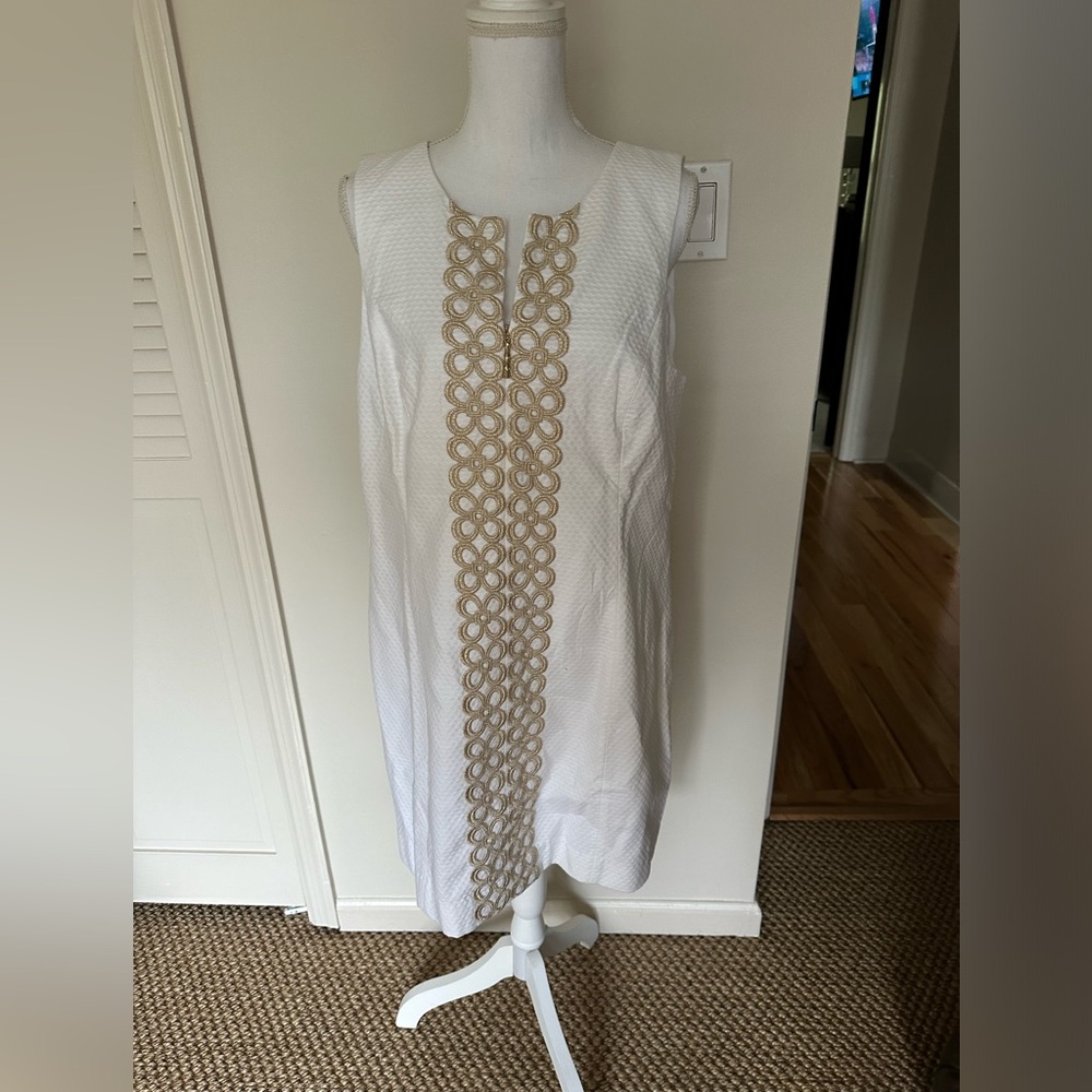 Lilly Pulitzer at her Best! Classic white pique dress with gold detail!!!